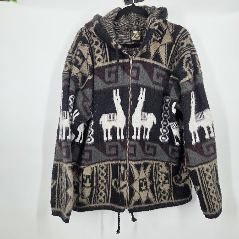 VTG Tejidos Ruminahui Hoodie Sweater Mens Large Black Aztec Native Alpaca Wool